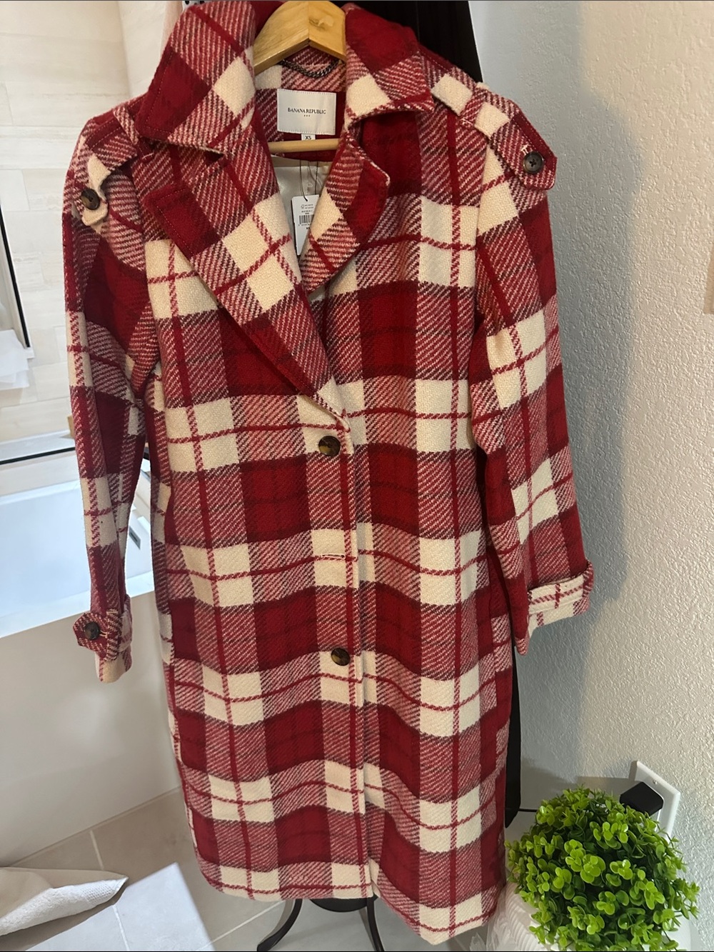 Banana Republic Red & Cream Plaid Wool-Blend Pea Coat